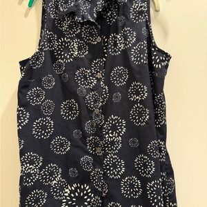 Cabi Navy Sleeveless Top with White Pattern, Floral, Dandelion Wish, Peplum back